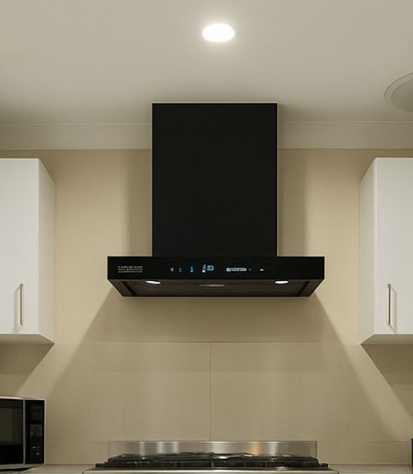 black rangehood installed in the kitchen